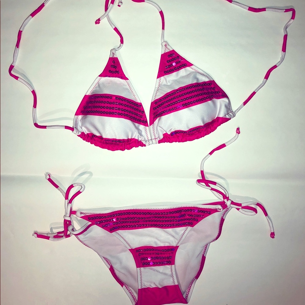 Sequin pink and white stripe 2 piece bikini
